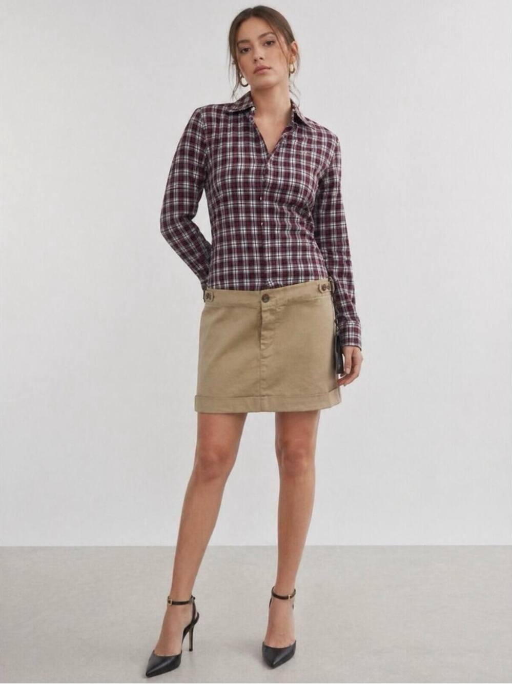 NWT DSQUARED2 Mixed Media Shirt Dress in Red Plaid / Khaki, Size 38 (US Size 2)